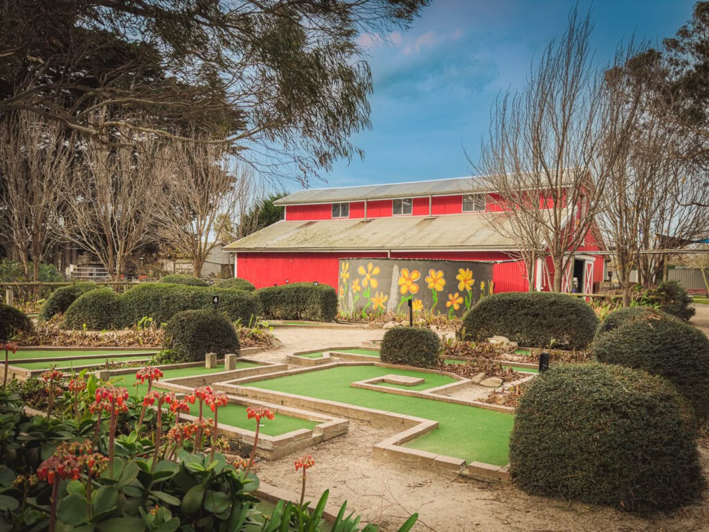 A view of the mini golf course. It is sitting right next to the big red petting barn.