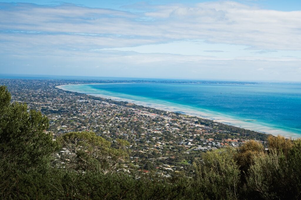 Panoramic view over Port Phillip Bay and the town of McCrae from lookout at Seawinds Gardens