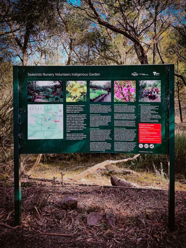 Big information sign detailing the Seawinds Nursery Volunteers Indigenous Garden